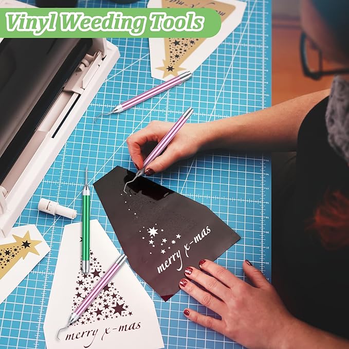 Therwen 2 Pcs LED Weeding Tools for Vinyl with Light Pin Hook Lighted Weeding Pen for Removing Iron on Tiny Vinyl Paper Silhouette Cutting Machines Supply(Pink, Green)