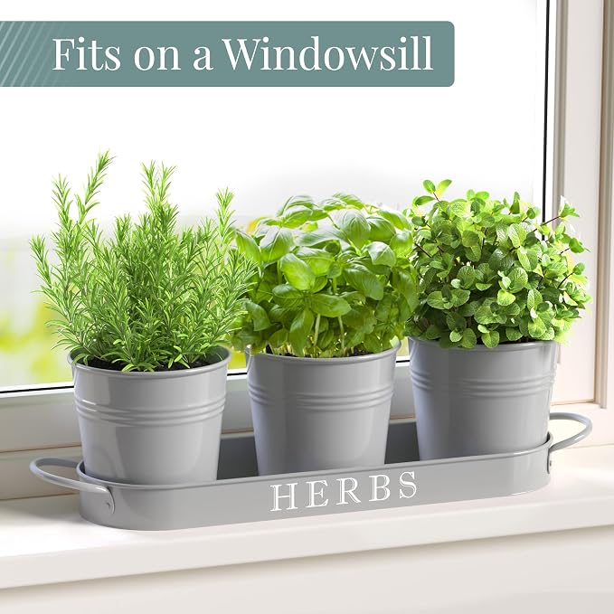 Barnyard Designs Indoor Herb Garden Planter Set with Tray, Metal Windowsill Plant Pots with Drainage for Outdoor or Indoor Plants, Set/3 (Cool Grey)