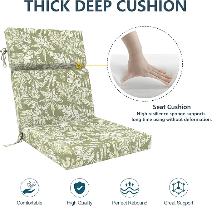 DYTXIII Outdoor High Back Chair Cushions Set of 2, 44"x22" Water Repellent Patio Seat Cushions with Elastic Sponge, All Weather Chair Pads for Rocking, Dining Chairs, Patio Furniture - Tropical Green