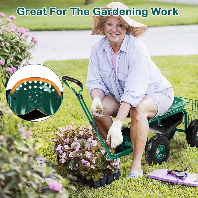 VINGLI Garden Cart, Garden Seat with 360°Swivel Chair, Storage Tool Tray & Steering Handle, Garden Stool with Wheels for Gardening, Patio, Yard, and Outdoor Work (Green)