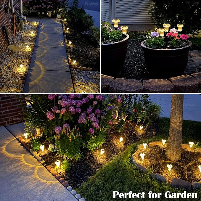 Priddop Solar Lights Outdoor Waterproof 8Pack 3000K Warm White LED Mushroom | Yard Pathway Garden Decorative Outside Landscape Path Lighting Patio Flowerbed Walkway Ground Pattern Acrylic Head ABS Stake