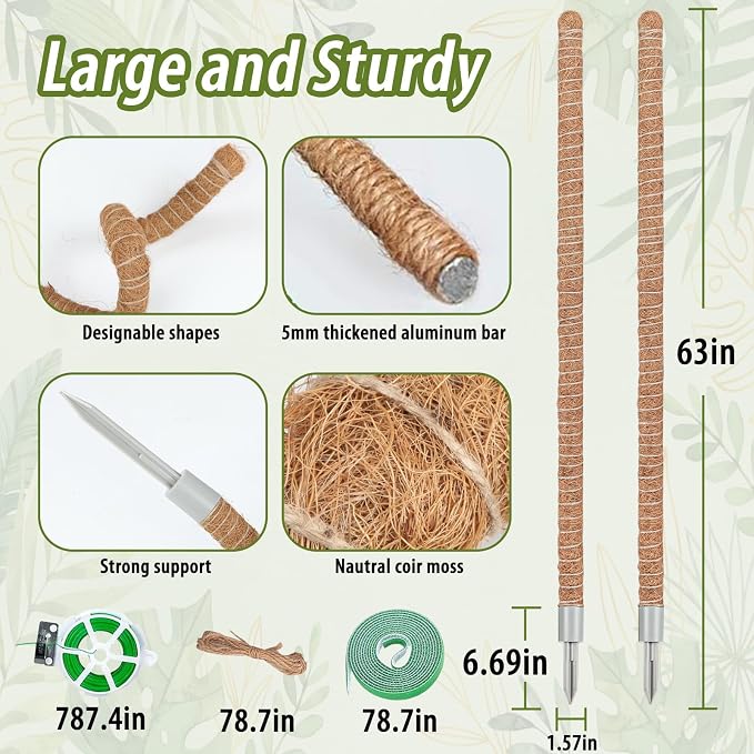 2 Pack Moss Pole, 63 Inch Monstera Plant Support, Moss Poles for Climbing Indoor Plants, Bendable Coco Coir Plant Support Stakes for Potted Plants, Pothos, Philodendron