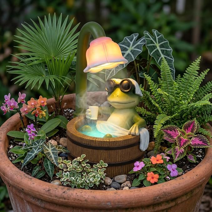 MXwcy Solar Frog Garden Statue with Lights, 6.3" Resin Frog Figurine Solar Garden Decor Outdoor Waterproof Lawn Ornament for Patio Yard, Cute Frog Gifts for Women Mom Grandma