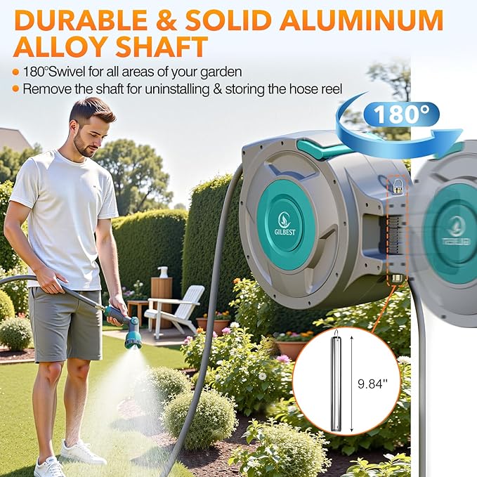 1/2" x 130 ft Retractable Garden Hose Reel, Heavy Duty Water Hose Reel Wall Mounted, Any Length Lock, 180°Swivel, Water Hose with 10-Function Nozzle for Cleaning, Watering (Green)