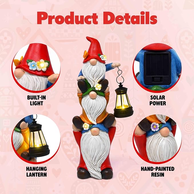 Gift Boutique Solar Garden Gnome Statue with Lantern Stacked Gnomes Outdoor Decor Lighted Yard Lawn Patio Decoration Whimsical Resin Figurine Home Accent