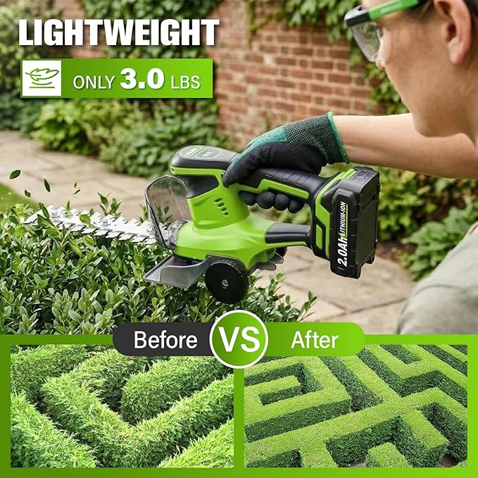 FULLYEA Cordless Hedge Trimmer, 2-in-1 Electric Bush Trimmer & Grass Shear, Lightweight Hedge Cutter with 2 * 2.0Ah Batteries & Charger, Battery Powered Grass Trimmer, Handheld Shrub Trimmer (Green)