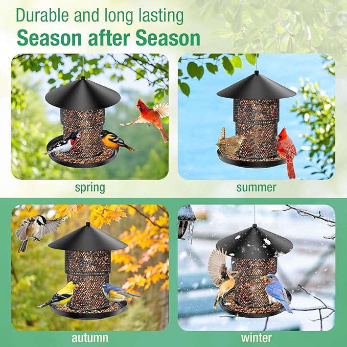 Bird Feeder for Outdoor Hanging, No Mess No Spill - Birdfeeder for Outdoor, Squirrel Proof Bird Feeder w/Catch Tray - Large Capacity All-Metal for Outside Hanging