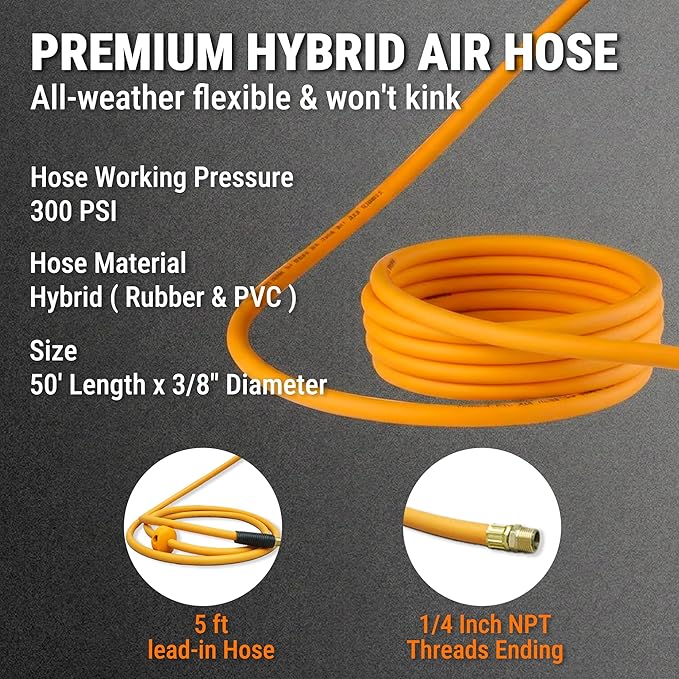 Retractable Air Hose Reel, 3/8" x 50FT EPDM Rubber Air Hose, 300PSI Max, Auto-Rewind & Length-Lock, 1/4" NPT Fitting, Ceiling/Wall Mount Heavy Duty Dual Arm Steel Reel for Workshop/Garage