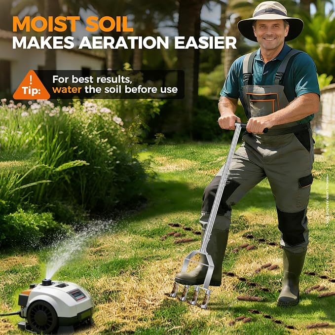 Suntee Lawn Aerator Tool, All Stainless Steel Manual Core Aerator Lawn Tool with 4 Hollow Tines, Adjustable Height Semi-Assembled Heavy Duty Steel Grass Aeration for Lawn Care, Silver