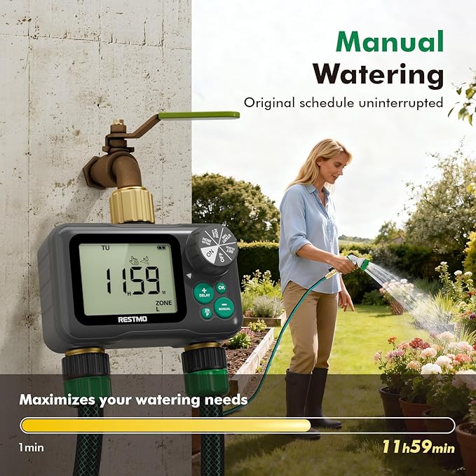 RESTMO Remote Control Brass Sprinkler Timer for Outdoor Hose Faucet 2 Zone, Max 11h59m Water Timer for Long Watering Soaker Hose, Misting with Large Dial, Rain Delay/Manual/Auto for Drip Irrigation