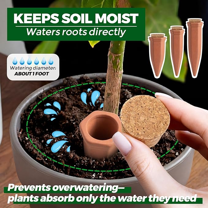 3 Pcs 4.9'' 5.9'' 6.7'' Terracotta Watering Spikes with Lid Automatic Plant Waterer Vacation Friendly Self Watering Planter Insert Plant Water Devices for Indoor Outdoor Plants, 3 Sizes
