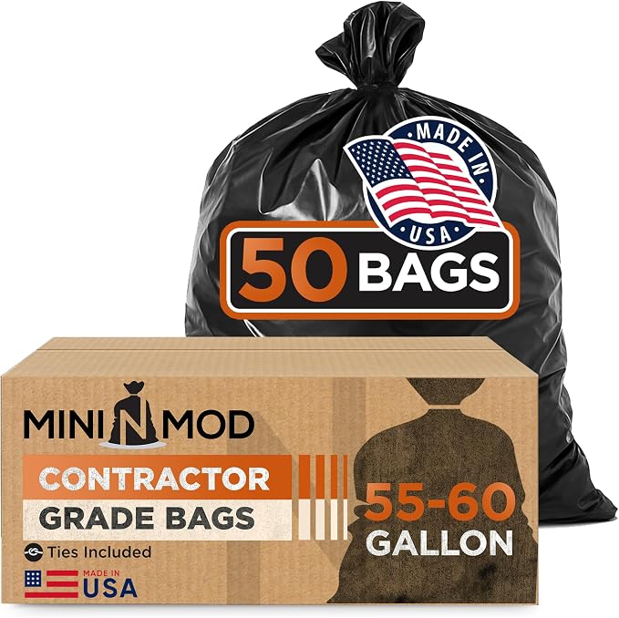 Contractor Garbage Bags 55 Gallon Heavy Duty | 50 Count | Construction Bags Heavy Duty with Ties | 55-60 Gallon Trash Bag for Contractors