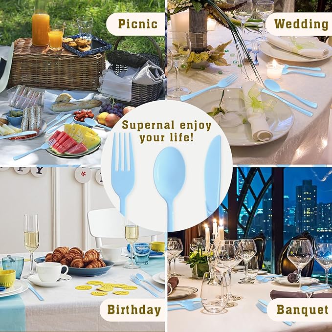50 Pcs Baby Blue Plastic Forks Disposable Baby Blue Cutlery Heavy Duty Plastic Silverware 50 Disposable Forks for Brithday, Wedding, Baby Shower, Graduation Party, BBQ
