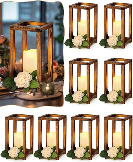 Huquary 16 Pcs Wooden Wedding Lantern Centerpiece Includes 8 Rustic Wooden Lantern Centerpiece and 8 Flameless Candle Holder for Farmhouse Rustic Table Decorations Party Gift(Brown)