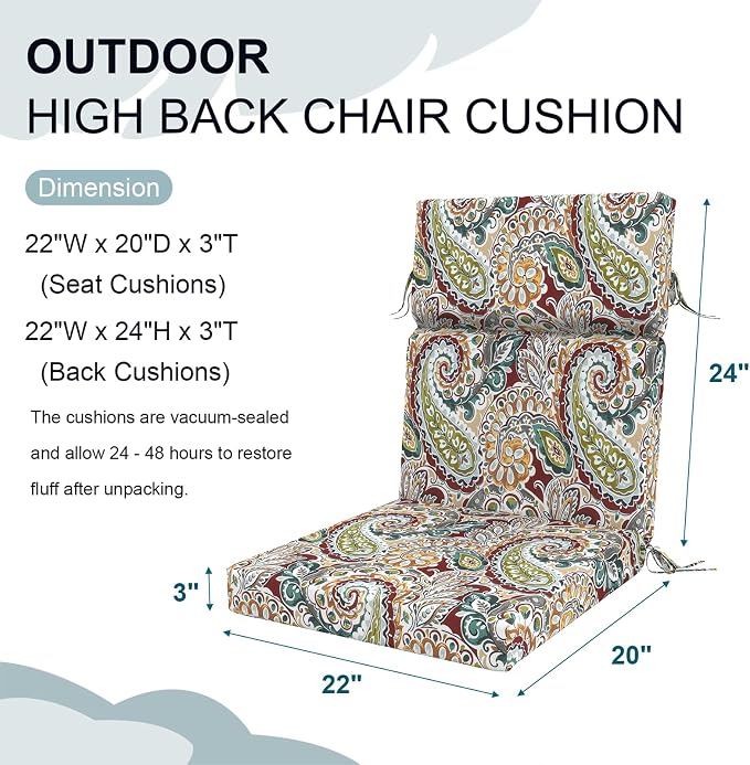 DYTXIII Outdoor High Back Chair Cushions Set of 2, 44"x22" Water Repellent Patio Seat Cushions with Elastic Sponge, All Weather Chair Pads for Rocking, Dining Chairs, Patio Furniture - Paisley Chilli