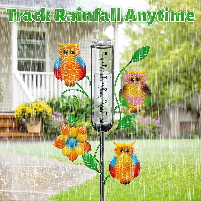 Owl Rain Gauge Outdoor, Metal Rain Gauges Stake with 6“ Glass Tube, Decorative Rain Gauges for Yard Garden Lawn for Precipitation Measurement