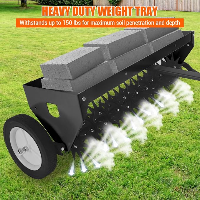 GarveeLife 40 Inch Tow Behind Aerator, Aerator Lawn Tool with Universal Hitch, Adjustable Handle, Transport Wheels, Lawn Aerator Compatible with Tractors for Garden, Farm and Lawn, Black