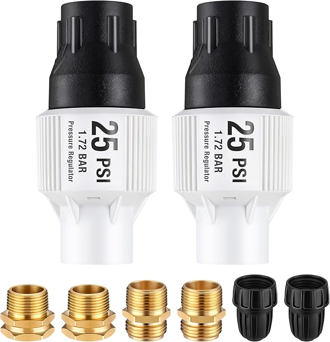 Aurelema 2 Pack 25 PSI Drip Irrigation Pressure Regulator Kit With Water Backflow Preventer for 3/4'' Garden/Faucet Hose Thread and 1/2'' Tubing Adapter, Complete System