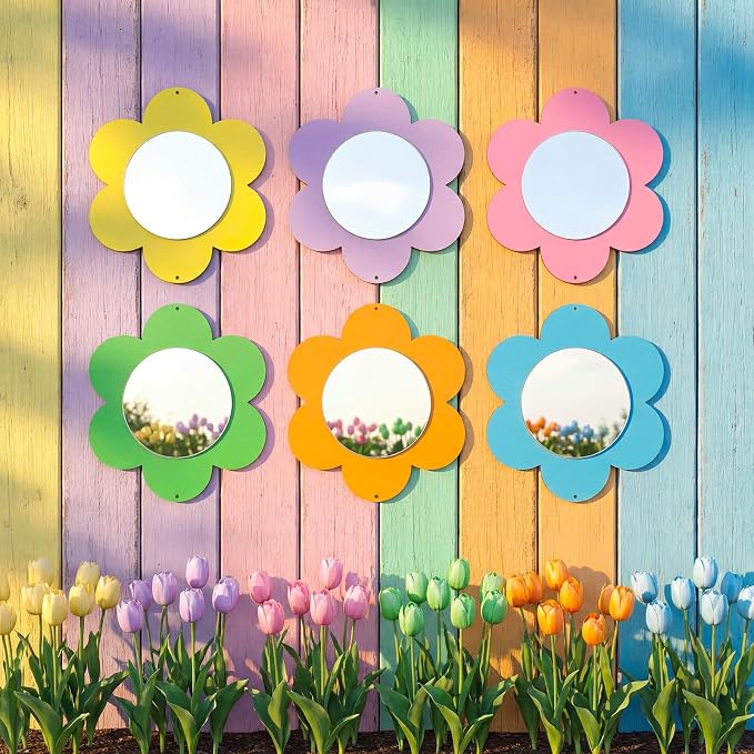 Xuhal 6 Pcs Flower Mirror Set Handmade Learning Tool Outdoor Sign for Sensory Gardens Sensory Rooms Garden Wall Decorations Spring Activitie