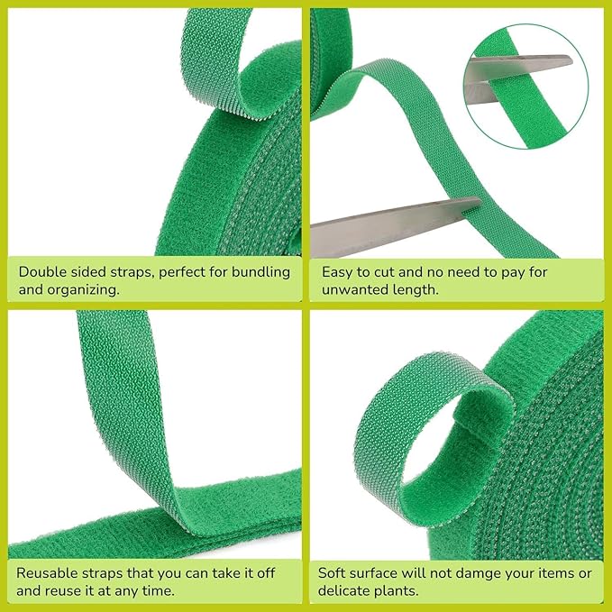 Plant Ties Hook and Loop Garden Tapes 1/2'' Wide Fabric Fastening Tape Double Sided Self Gripping Strap Reusable Adjustable Cable Ties Garden Vines Ties, Soft Plant Tie (1/2 Inch x 32 ft, Green)