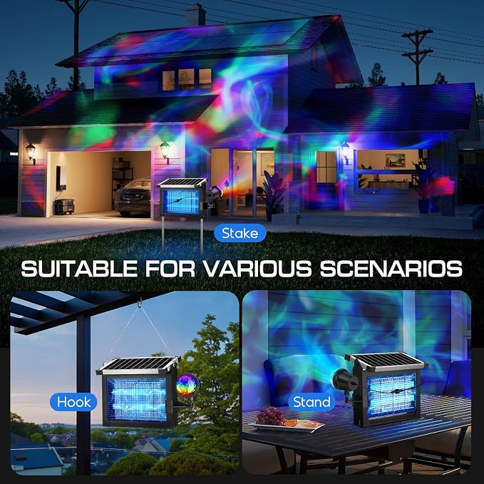 Solar Bug Zapper Outdoor with Projector Lights, 4500V Mosquito Zapper | Solar & USB Rechargeable, IPX5 Waterproof, Smart Dusk to Dawn, Cordless Insect Killer for Patio, Garden, Backyard, Camping