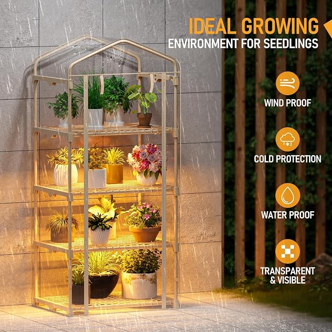 SPECILITE Indoor Greenhouse with Grow Lights - Adjustable 4 Tiers 27.6"L×19.3"W×61.4"H Mini Greenhouse with Zip PVC Cover and 45W Plant Light, Portable Green House with Timer for Winter &Indoor Plants