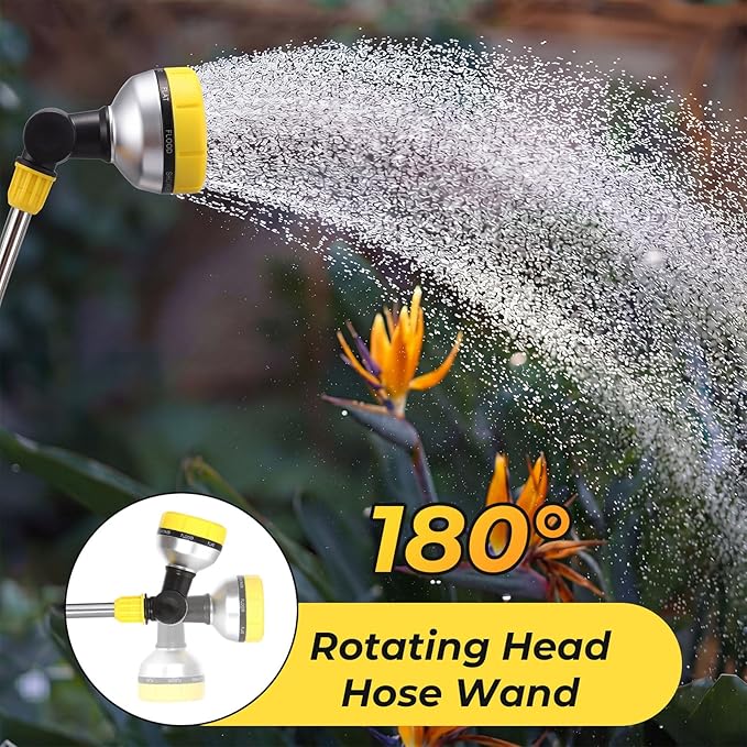 Hushee 4 Pcs 18.5 Inches Garden Watering Wand Bulk 180° Rotating Head Hose Wand with Thumb Control Shut off Valve 8 Patterns Garden Hose Nozzle Yellow
