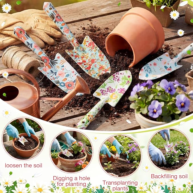 48 Pcs Floral Garden Shovels Bulk Gardening Gift for Women Heavy Duty Metal Garden Tools Floral Hand Shovel Planting for Summer Employees Birthday Thank You Gifts (Green Watercolor Flowers)