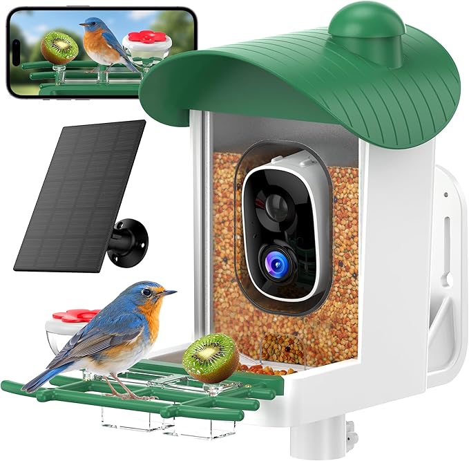 Bird Feeder with Camera Outdoor Solar: Smart Birdfeeder Houses with 2K Live Cam - AI Identify Birds Species and Auto Instant Arrival Alert Outside Garden - Ideal Gift for Bird Lovers