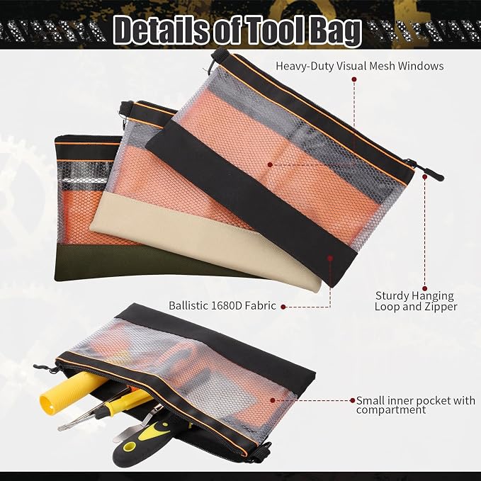 BESARME 6 Pcs 11.8" Clear Tool Pouch Tool pouch Bags Zipper tool pouch with Heavy Duty Mesh Window