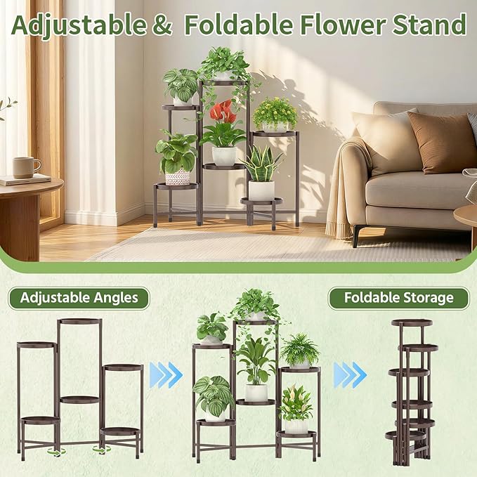 LASZOLA 6 Tier Large Plant Stand Indoor Tall with 10 Inch Metal Tray, Corner Folding Flower Display Rack, Modern Plant Holder Shelf for Outdoor Patio Porch Garden Office Living Room, Bronze