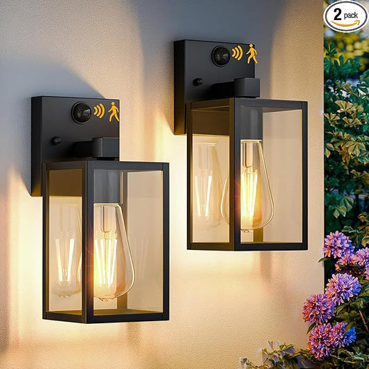2 Pack Motion Sensor Outdoor Light Fixtures Wall Mount, H 10.24'' Small Front Porch Lights for House, Exterior Wall Sconce, Black Waterproof Lantern Lamp,Outside Coach Light for Garage Entryway Yard