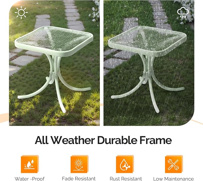 VINGLI Outdoor Side Table, 18" Patio Table Steel Frame Tempered Glass Top, Weatherproof Small Tables for Balcony Garden Poolside (Green, Square)