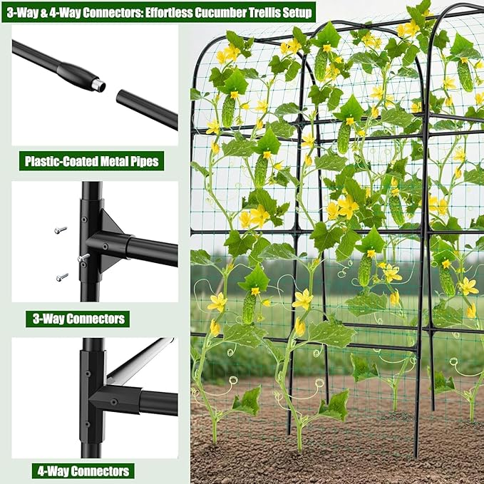 7.3FT Cucumber Trellis for Raised Bed, Garden Arch Trellis with Net, Rustproof Metal Plant Support for Climbing Plants Outdoor, Tomato Zucchini Squash Bean Pea Melon Vine, Rose Flower Garden Arbor