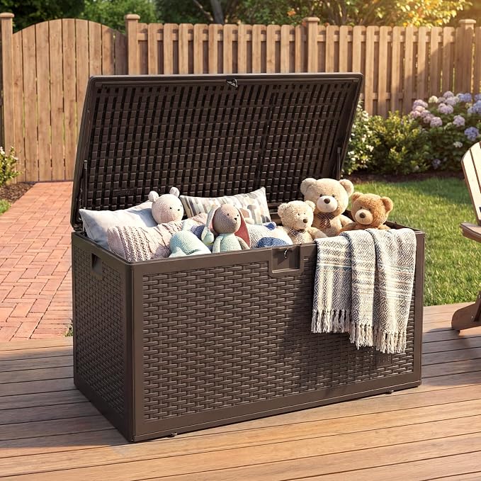 Outdoor Storage Box, 73 Gallon Large Resin Deck Box with Lid, Waterproof & UV-Resistant for Furniture, Outdoor Cushion Storage, Garden Tools & Pool Accessories Storage, Black
