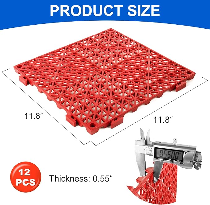 MYFAMIREA Modular Interlocking Cushion 12 Pack 11.8" x 11.8" Rubber Floor Tiles Non-Slip Splicing Drainage Mats for Deck, Pool, Outdoor Shower, Patio, Balcony, Indoor Bathroom, Kitchen, Yard (Red)