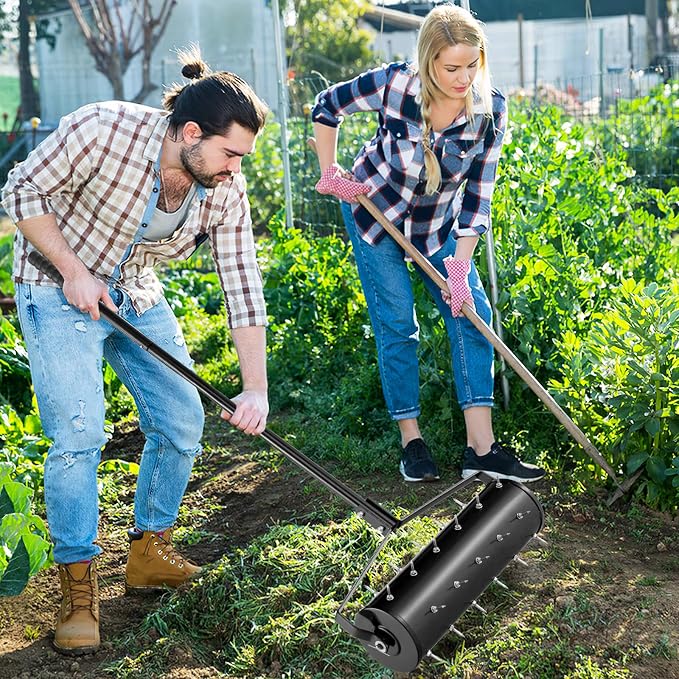 Goplus Rolling Lawn Aerator, 21-Inch Garden Yard Rotary Push Tine Filled Sand Stone, Heavy Duty Spike Soil Aeration w/Metal Handle, Fillable Drum 51" Manual Lawn Aeration Tool Garden Grass Patio Yard
