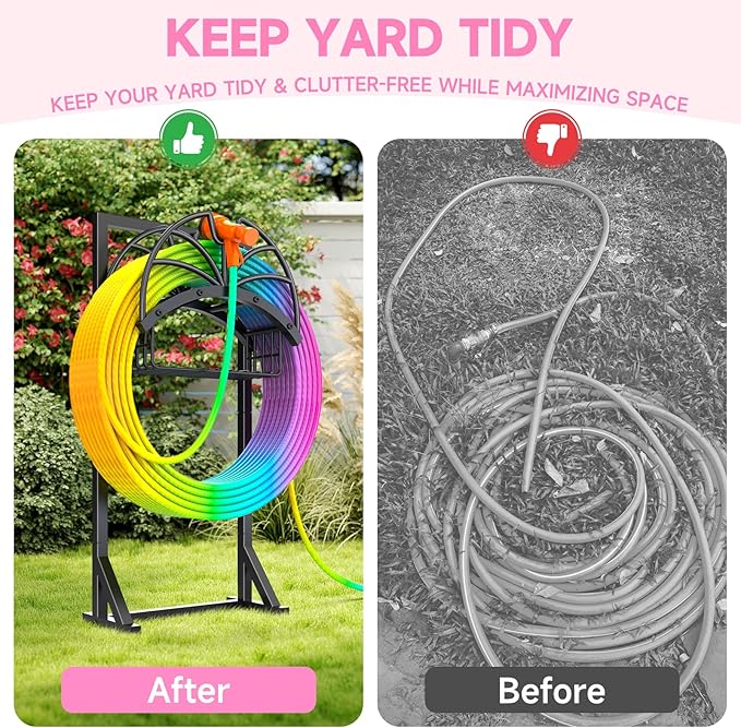 New Upgraded Garden Hose Holder with Storage Basket & Hose Storage Hanger Rack, Heavy-Duty Water Hose Holder Holds 160FT,Garden Hose Hanger Storage Rack for Outside Yard Lawn Farm