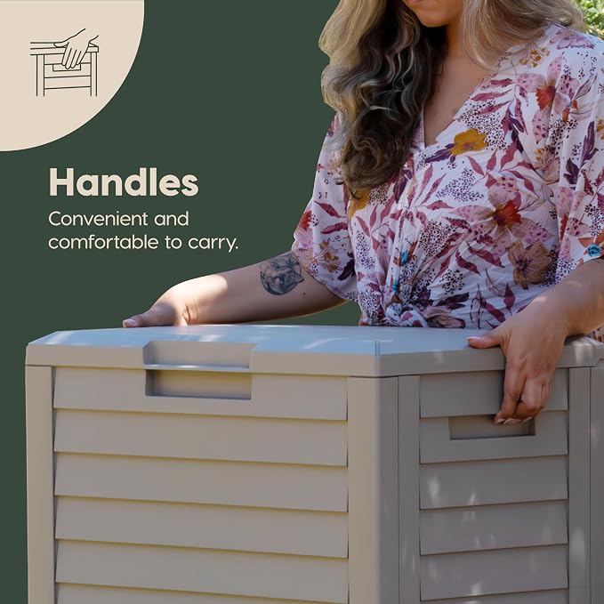 IRIS USA 35-Gallon Outdoor Deck Delivery Storage Box, Lockable & UV-Protected, Weather-Resistant Patio Storage for Cushions, Garden Tools & Packages, Waterproof Resin, Durable & Stylish Design - Beige