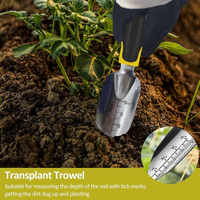 Garden Tool Set, 3 Piece Gardening Tools Includes Garden Trowel, Transplant Trowel and Hand Rake with Non-Slip Ergonomic Handle, Heavy Duty Garden Kit for Planting, Garden Gifts, Yellow