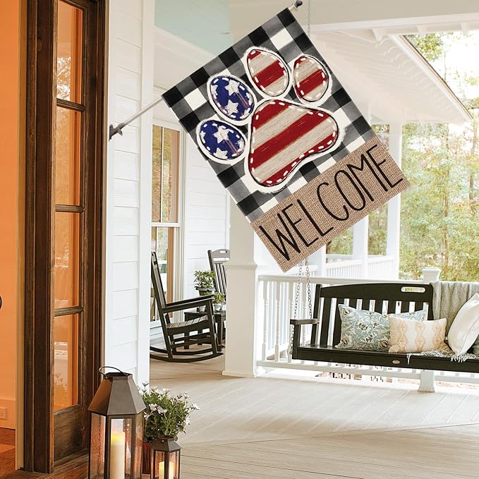 AVOIN colorlife American Flag Paw Print Patriotic 4th of July House Flag 28x40 Inch Double Sided Outside, Welcome Buffalo Plaid Yard Outdoor Decoration