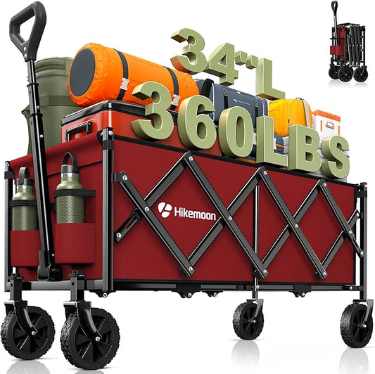Hikemoon 34'' Extra Long Collapsible Wagons Carts Foldable, 360LBS Heavy Duty Folding Beach Wagon with Wheels, Portable Utility Outdoor Cart for Grocery, Garden, Sports, Camping, Red