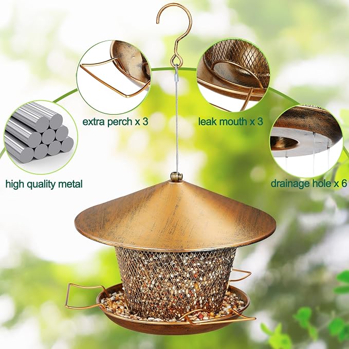 Metal Bird Feeder for Outdoor Hanging, Heavy Duty Waterproof Bird Feeder for Outside with 9.8" Roof, 3.5 LBs Seeds Capacity, Easy to Fill & Clean
