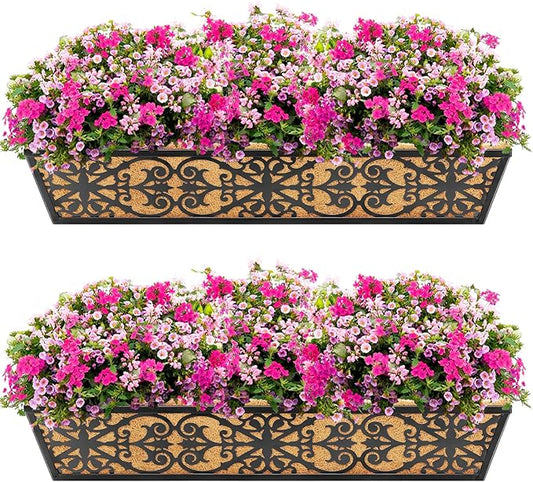 2 Pack 30 Inch Window Boxes Planters Railing Planter Box with Adjustable Brackets & Coco Liners Fabric Plant Grow Bags Deck Railing Planter Boxes Balcony Hanging Flower Box for Outdoor Plants