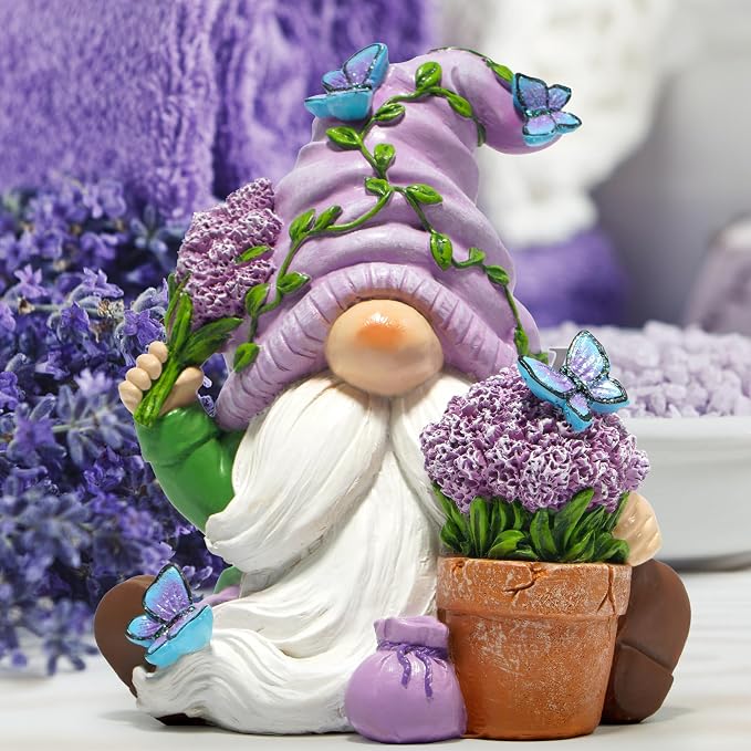 Hodao Spring Gnome Garden Decor with Butterflies and Lavender Flowers, Hand Painted Resin Gnome Figurine for Home Shelf Table Patio Decoration, Gift for Women Mom Garden Lovers