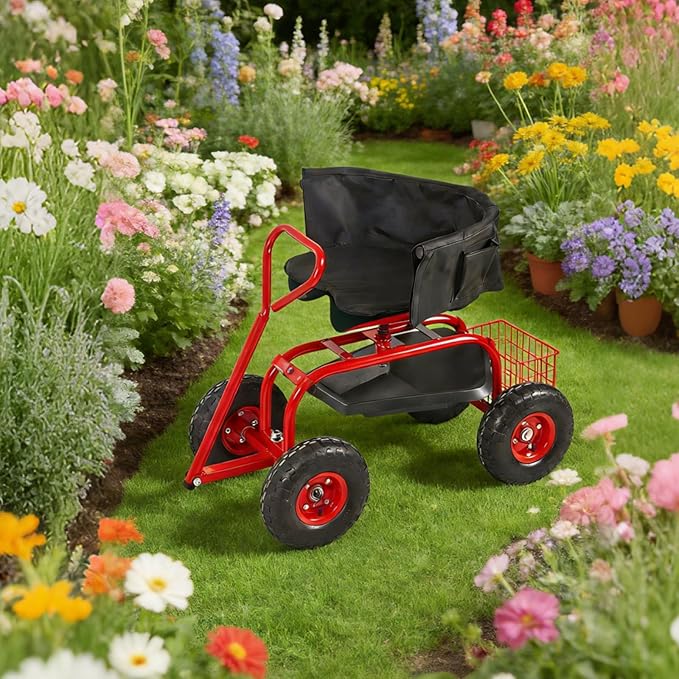 Rolling Garden Cart - Outdoor Workseat with Seat Cushions and Wheels, Heavy Duty Garden Tool Cart with Storage Bracket and Tool Tray for Yard, Planting Gardening Work (Red)