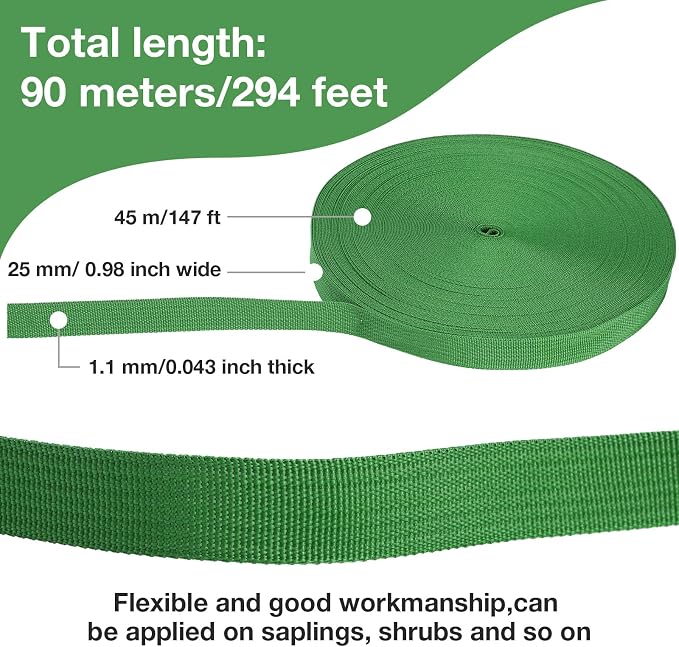 Shappy Tree Tie Strap Garden Webbing Strap Garden Plant Supports Tree Tie Staking and Guying for Outdoor Use, Plant Supports, Grafting, Straightening Supplies(Green,295 Feet x 1 Inch)