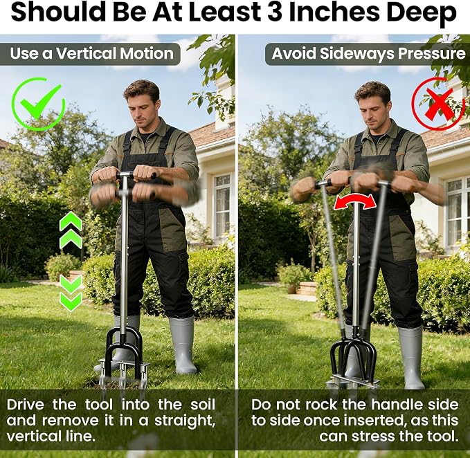 Lawn Aerator, Stainless Steel Lawn Aerator Tool with 3 Hollow Tines, Yard Grass Soil Core Aerator, Manual Lawn Plug Aerators, Core Aeration Tool for Lawn Garden Compacted Soil (Black)