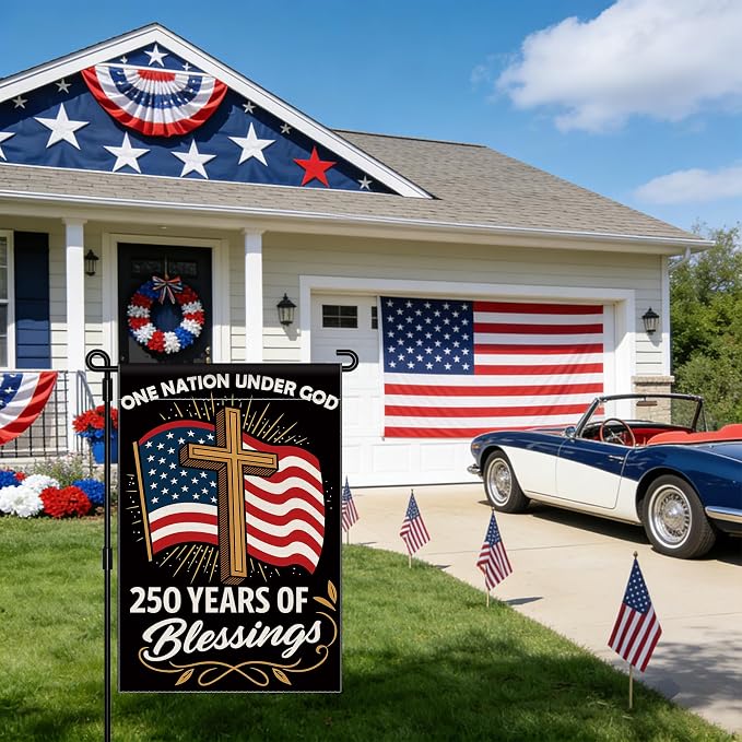 Blessings 250 Years America Garden Flag, 250 Anniversary USA Flag America Patriotic Banner 250 Year One Nation Under God 4th of July Double-Sided Waterproof 1776-2026 Commemorative Flag 12x18 Inch