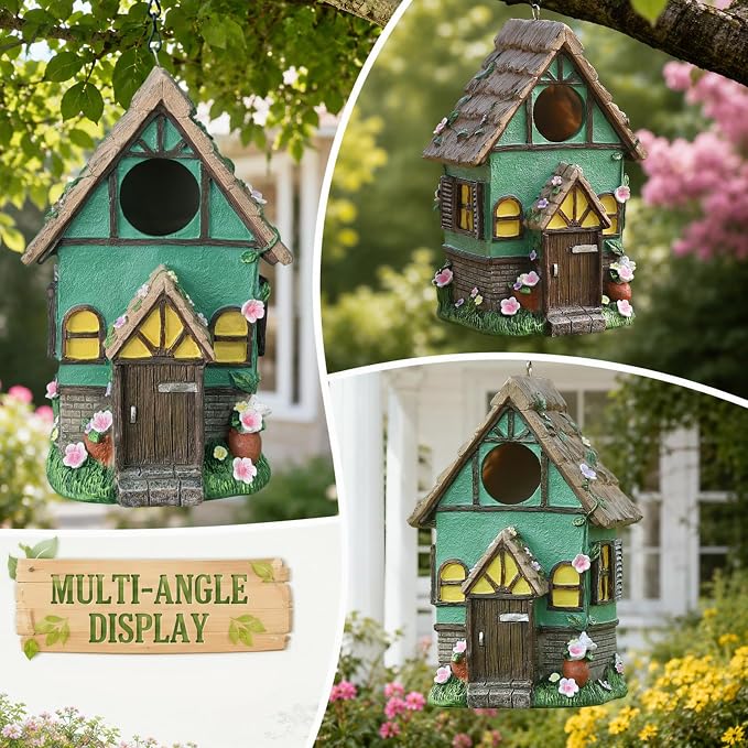 Bird Houses for Outside Rustic Cottage Thatch Roof Birdhouse with Flowers – Hand-Painted Resin Birdhouses for Outdoors for Bluebird Finches Cardinals Bird Nesting Garden, Patio, Yard